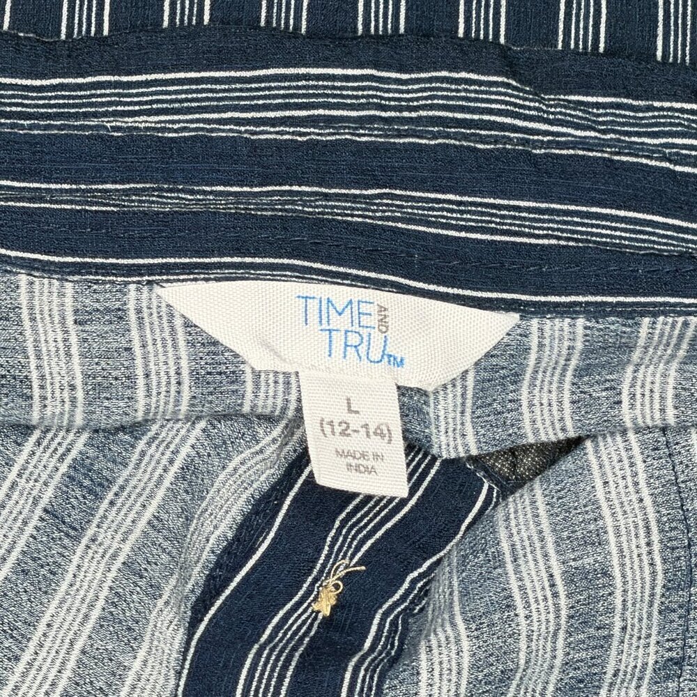 Time and Tru Nvy Blue Vertical Striped Oversized Henley Blouse - Size Large - Picture 5 of 7